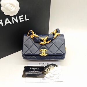 Chanel Dark Blue Quilted Shoulder crossbody Bag with Gold Accents